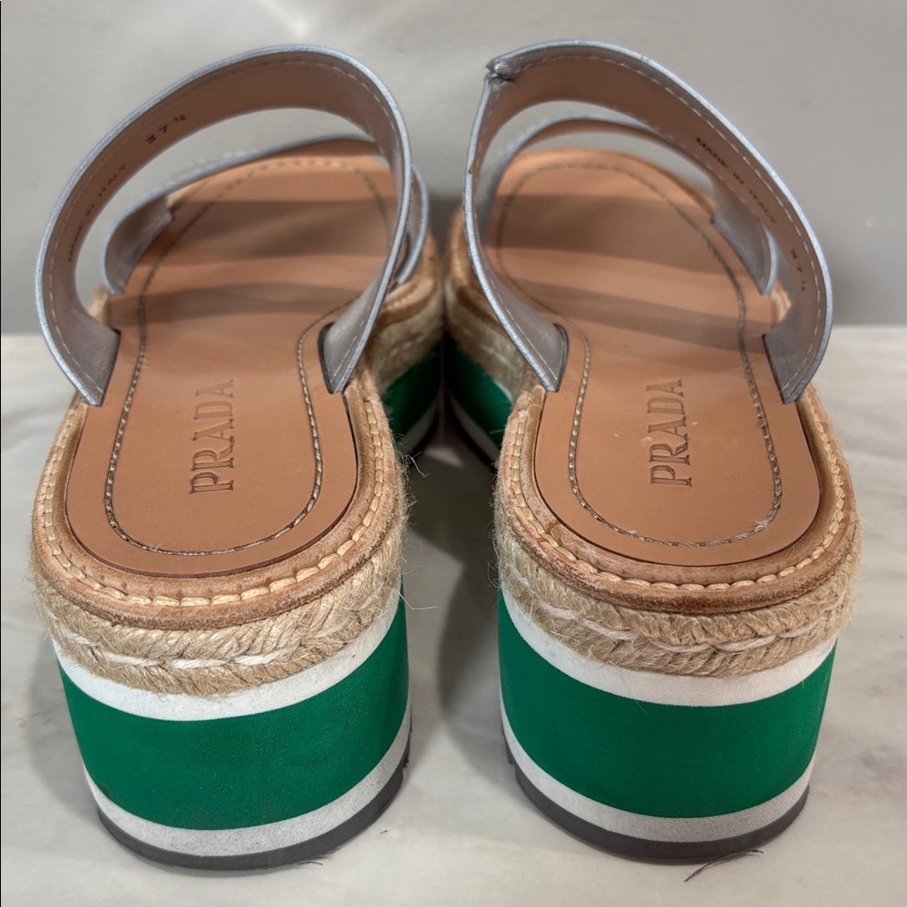Prada Silver and Green Platform Metallic Two Band Espadrille Slides 37.5 7.5 - Picture 7 of 13